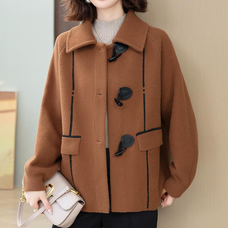 Dámská podzimní a zimní ležérní bunda Módní knoflíková vlněná bunda