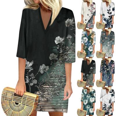 Summer Dresses For Women 2024  Fashion Casual Printed Loose V Neck 3/4 Sleeve Dress