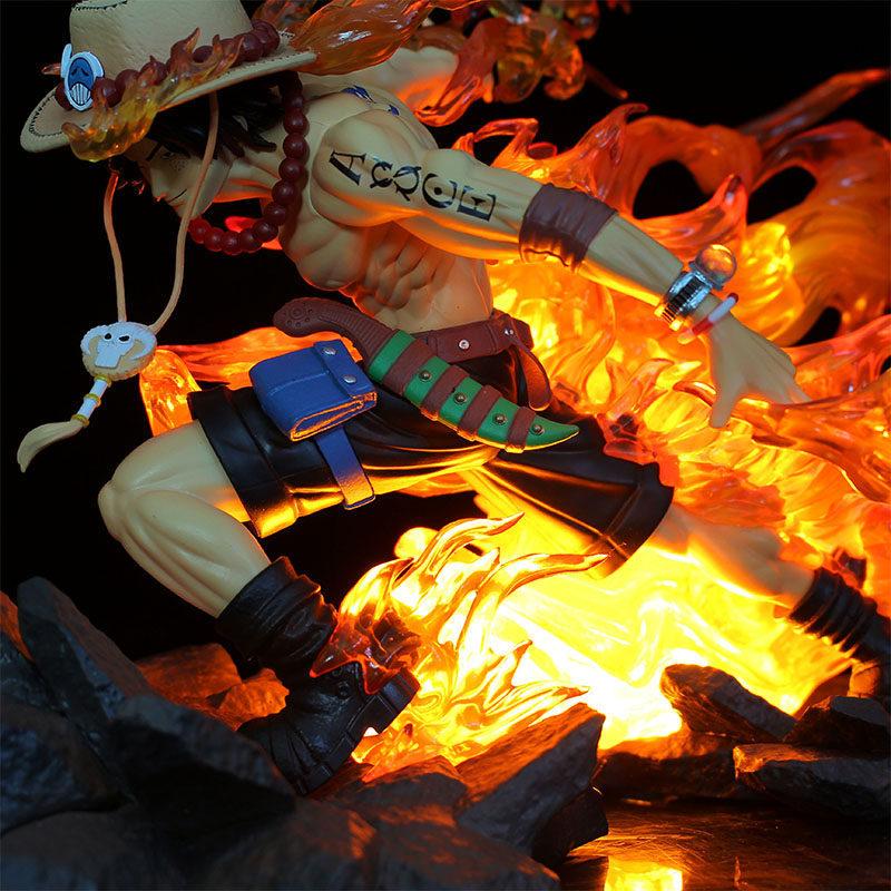 One Piece Fire Drift Ace LED Light Up GK Figure Portgas D Ace Flame Effect Statue Collectible Anime Model Ornament Toy Boy Gift