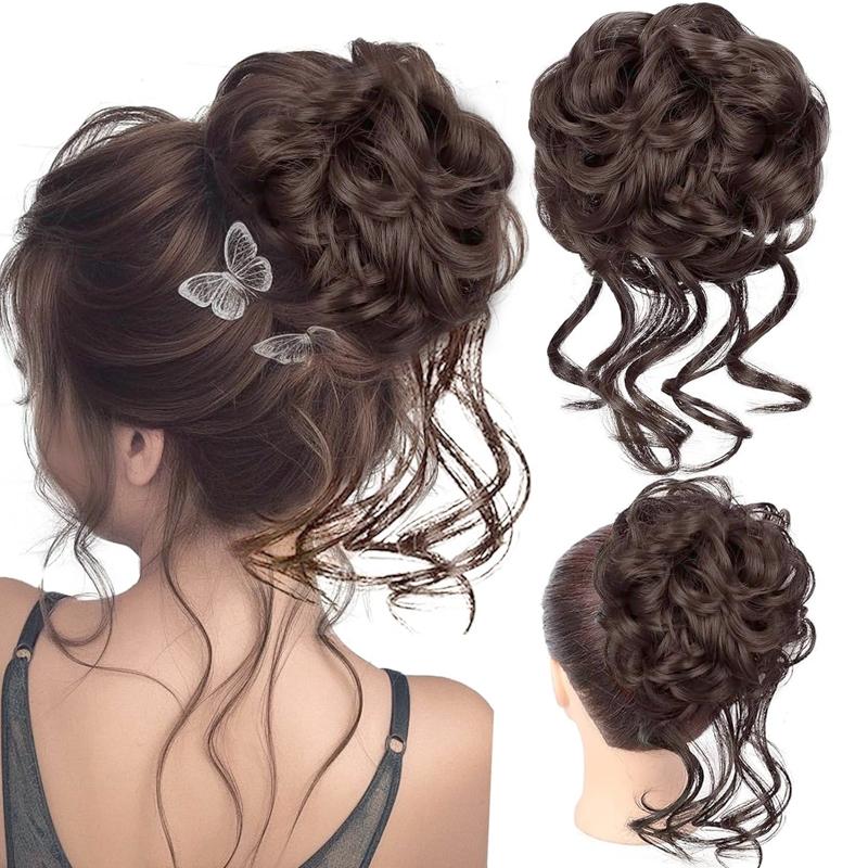 Unordentlicher Dutt Haarteil Wellig Lockig Synthetisch Hochsteckfrisur Chignon Fake Scrunchies Pferdeschwanzverlängerung für Damen Dunkelbraun