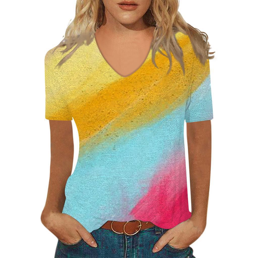 Sommer V-Ausschnitt 3D Abstraktes Retro-Muster Bedrucktes Oberteil Modische Lässige Kurzarm Damen T-Shirts