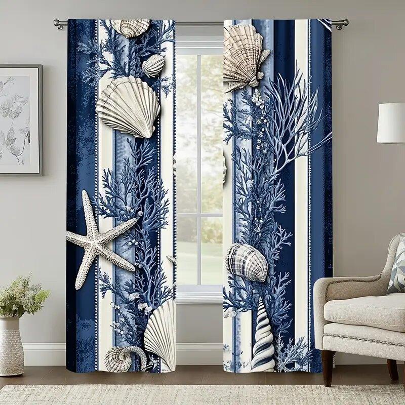 

Set Of 2 Deep Blue Shells Starfish Corals Print Curtains Pole Bag Home Decoration Room Curtain Made Polyester W100*H70(CM)-Hooks&2PCS