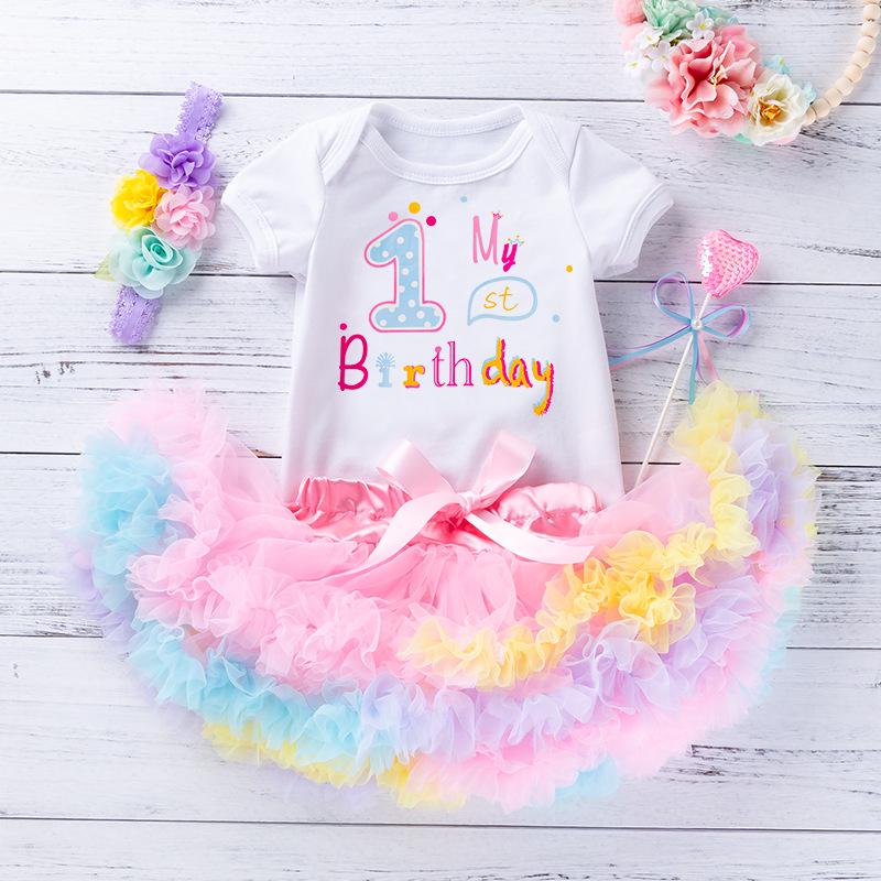 New Style Baby Girl Birthday Outfit: 3-Piece Set with Romper, Short-Sleeved Onesie, and Princess Dress.