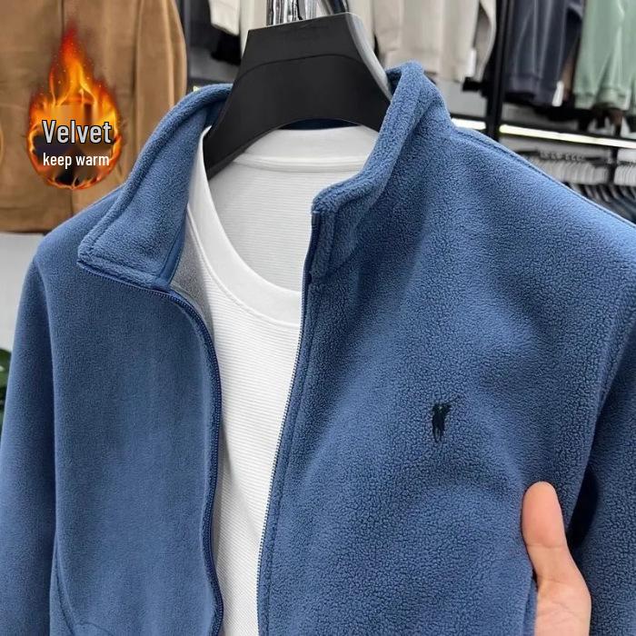 Men's Versatile American-Style Fleece Hoodie - Solid Color, Thickened, Stand Collar, Loose Fit, Plus Size, Wear-Resistant Outerwear
