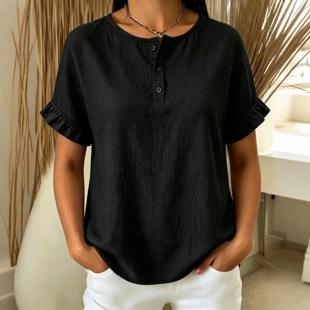 Women Loose Fit Short Sleeve Blouse Ruffle Trim Button Front Top Casual Lightweight Summer Shirt