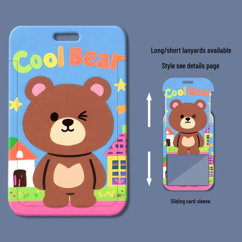 Little Bear Cartoon Student Card Holder with Sliding Cover for ID, Badge, or Meal Card