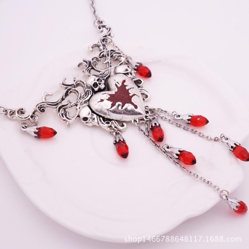 1 Set Niche Design Sense Red Dripping Diamonds Necklace Love Heart Earrings Halloween Christmas Fashion Retro Earrings