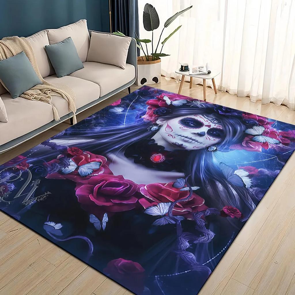 Covor Rug 3D Craniu Gotic Față Trandafir Femeie Desen Animat Groaznic pentru Sufragerie Dormitor Casă Decor Canapea, Covoraș de Podea Antiderapant pentru Copii