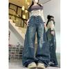 American High Street Graffiti Wide Leg Jeans for Women Autumn and Winter Trendy Brand Design High Waist Straight Floor Mopping Pants