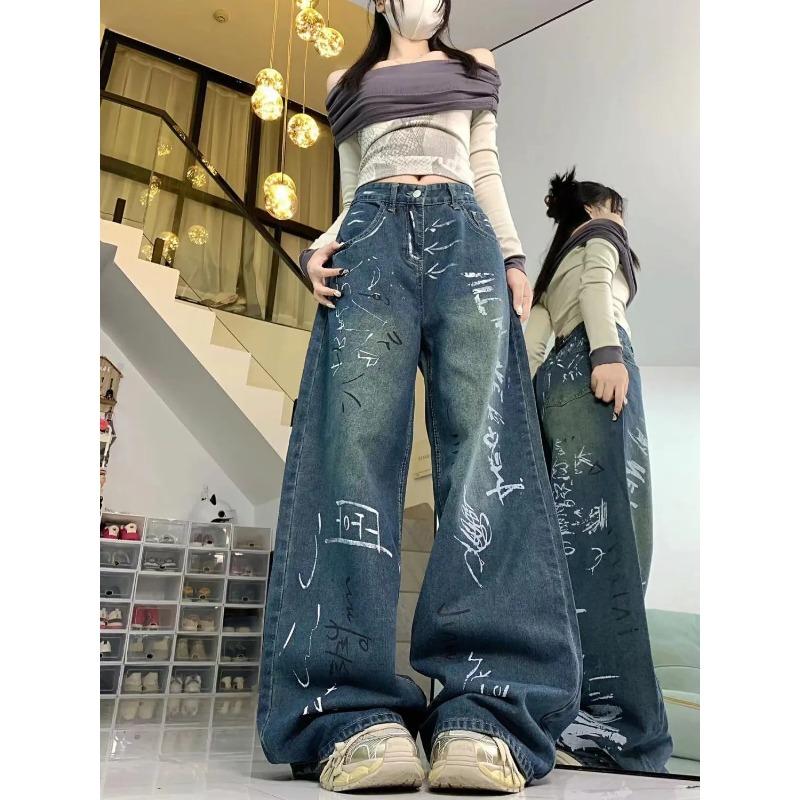 

American High Street Graffiti Wide Leg Jeans for Women Autumn and Winter Trendy Brand Design High Waist Straight Floor Mopping Pants XL синій