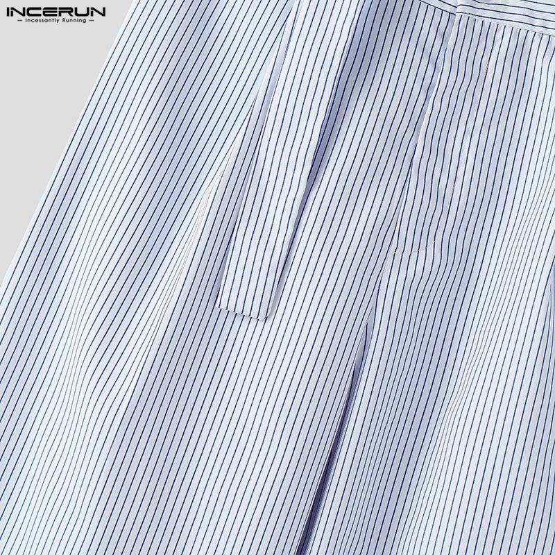 INCERUN Herren Outfits Stehkragen Gestreifte Langarm Crop Tops Reißverschluss High Waist Lange Hosen Sets