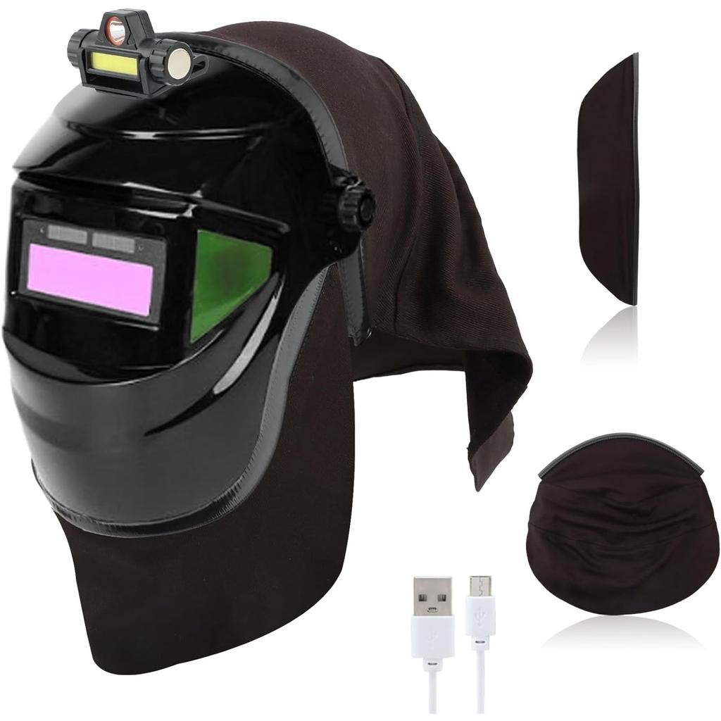 2 Pcs Welding Helmet Cover and Helmet Bib Set, Heat Resistant Welding Cap Extended Headcover with Headlight, Hood Accessories for Full Welding-Neck