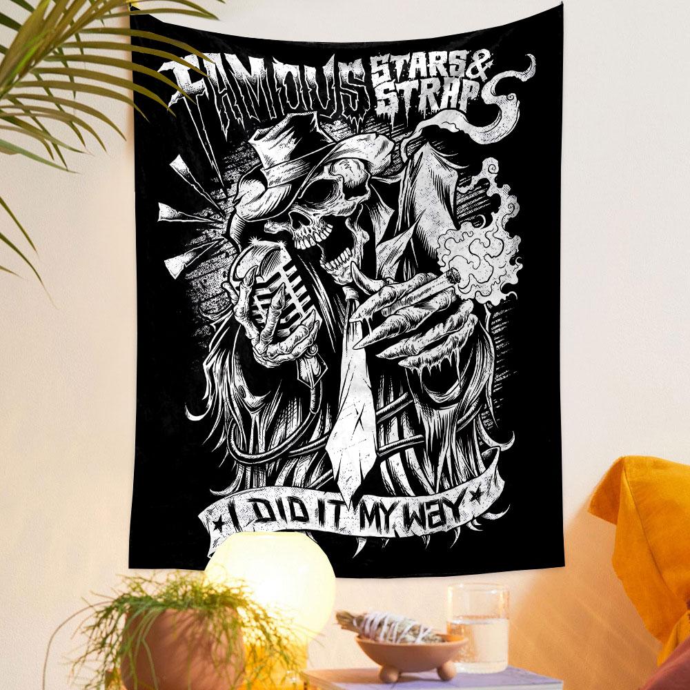 Famous Stars and Straps Tapestry Wall Hanging, Punk Rock Brand Skull Art, Street Style Wall Decor for Bedroom Dorm