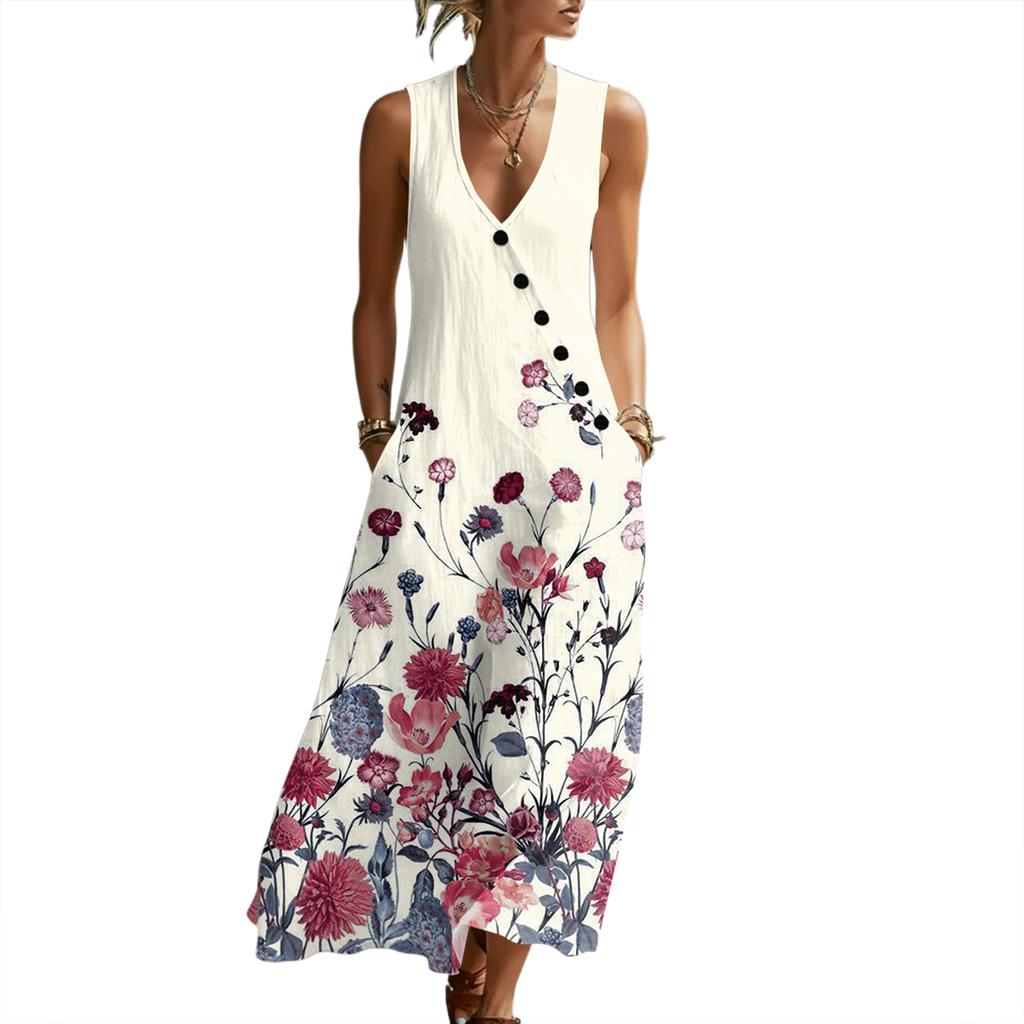 Women Sleeveless V Neck Button Front Maxi Dress Floral Print Linen Cotton Blend Casual Summer Dress with Pockets