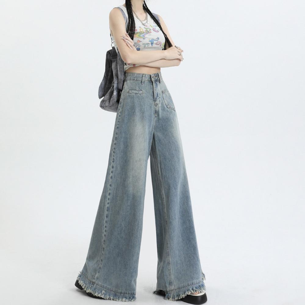 American Old Wide-leg Jeans Autumn High Waist Loose Washed Fringed Rough Edge Retro Mopping Straight Pants Tide