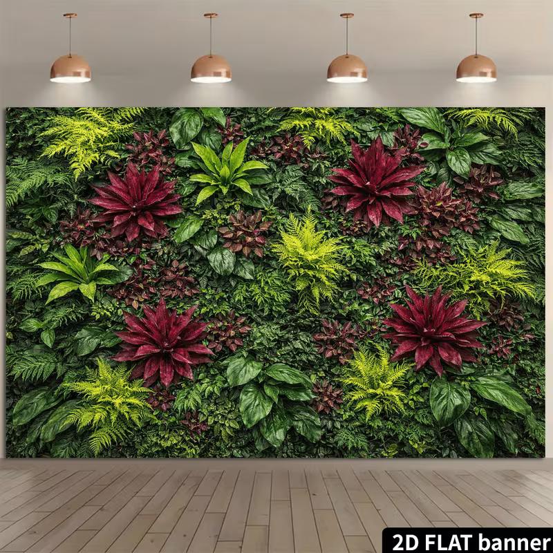 2D Tropical Plant Wall Backdrop with Ferns, Bromeliads & Lush Green Foliage