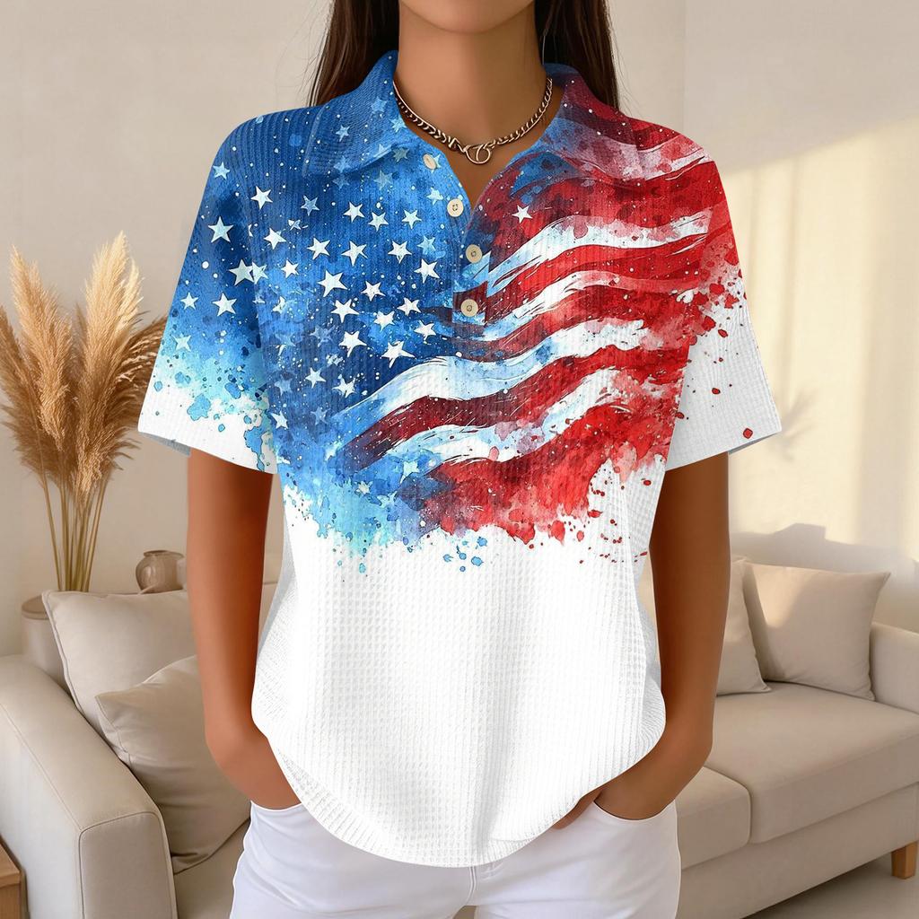 Women’s Casual Short Sleeve Knit Polo Shirt with Button Front and Independence Day Print for Everyday Wear