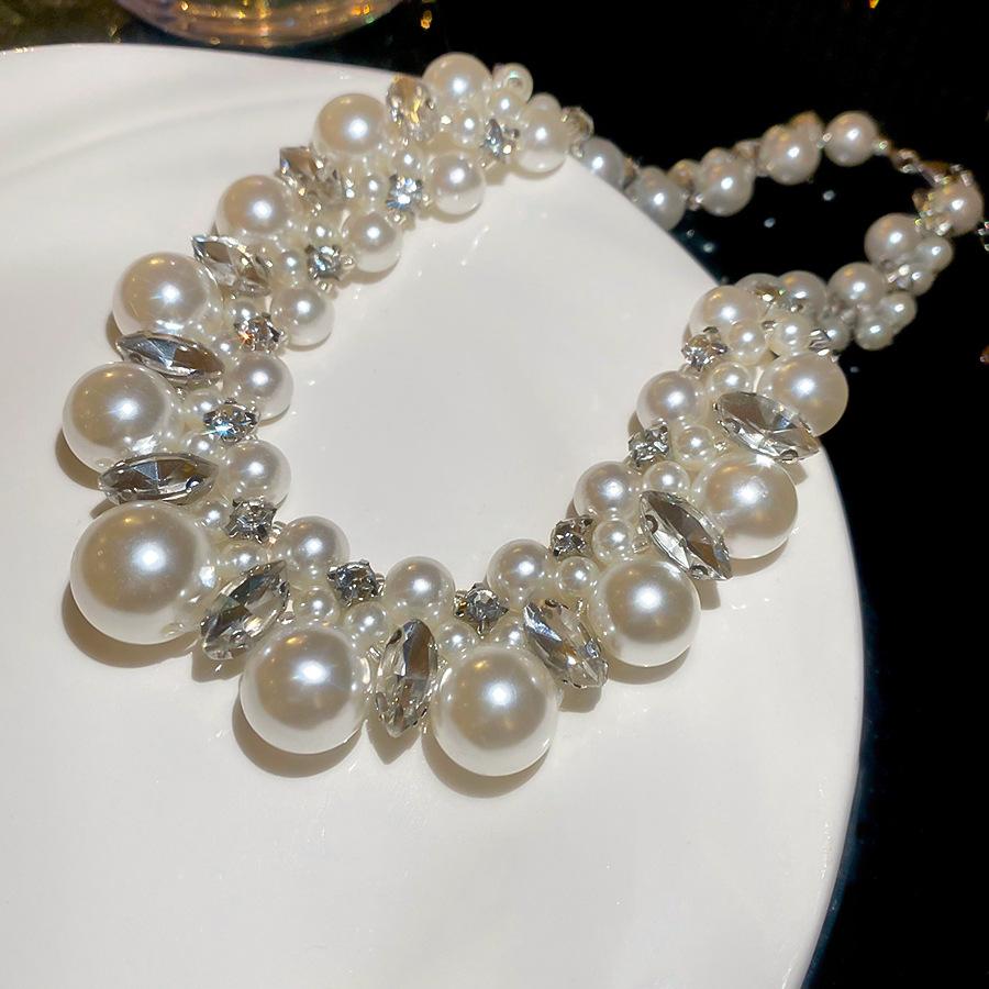 Women's Multi-Layered Imitation Pearl Beaded Necklaces High-Quality Exaggerated Rhinestones Clavicle Chain French Accessories K1
