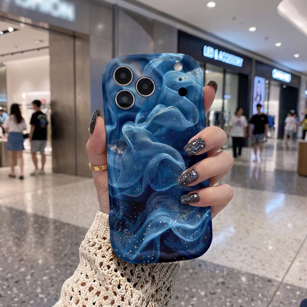 Dark Blue Gold Glitter Smoke Fluid Art Phone Case For iPhone 16 15 14 Pro Max 13 12 11 Mini Wavy Edge Frame Cover