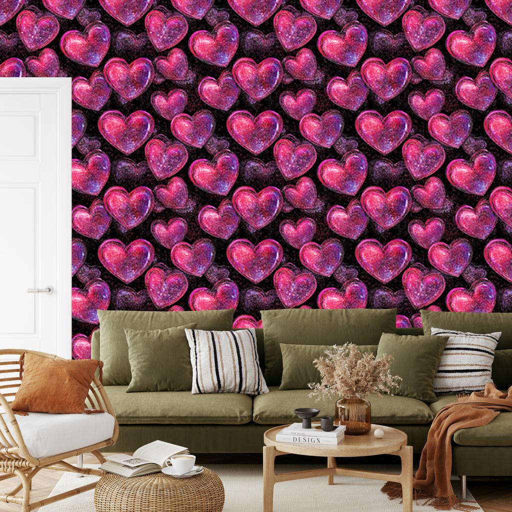 Neon Glitter Hearts Wallpaper Purple and Burgundy 50x1000