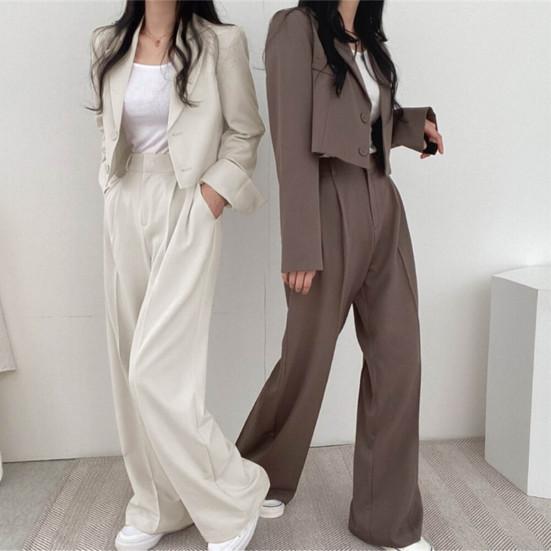 2 buc/set femei set rever jachetă cu un singur piept cardigan lat cu mânecă lungă haină pantaloni picior talie înaltă