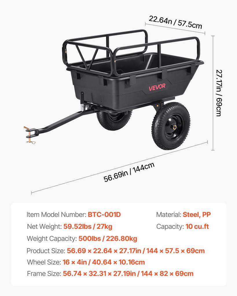 VEVOR Garden Utility Trailer, 10 Cu. Ft 227 Kg, ATV UTV Hauling Trailer, Tow Behind Poly Dump Cart with 16" Tires, Hand Pull or Foot Pedal