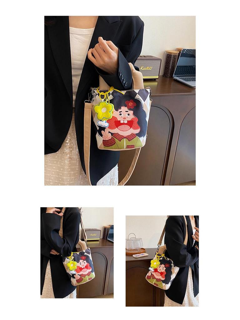 New Cartoon Graffiti Canvas Shoulder Crossbody Bucket Bag for Girls