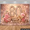 2D-Bannerhintergrund für die 80. Geburtstagsfeier mit rosa-goldenen Rosen als Thema und verziert mit Schmuckzahl 80