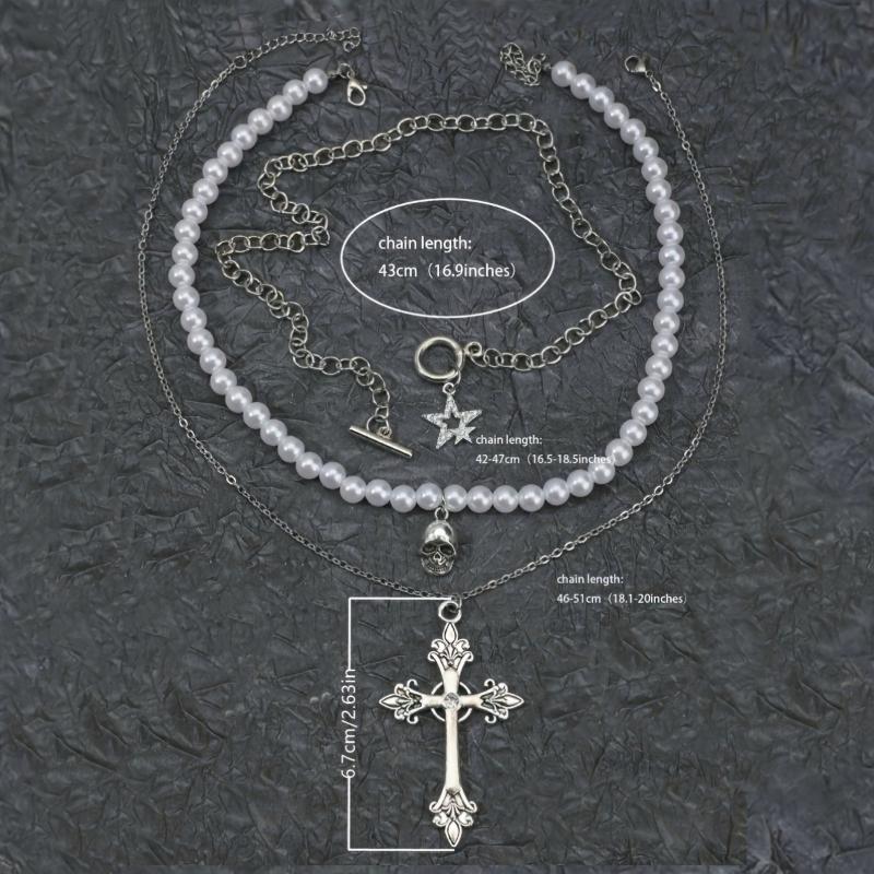 3 stycken/set av Kvinnors Flerlagers Imitationspärla Stjärna Kors Halsband, Kvinnors Retro Punk Stil Semestertillbehör Smycken