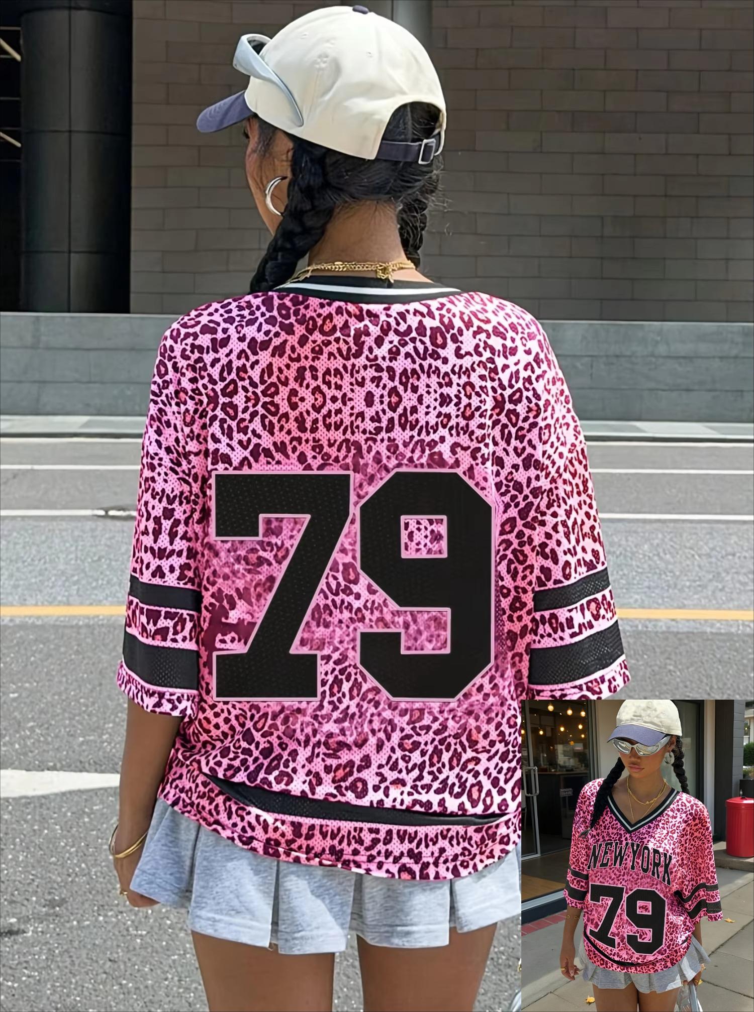 

Fashionable Pink Leopard Print Button Print Women s Short Sleeve T-Shirt Summer Baseball Shirt Striped Loose Sports T-Shirt XXS