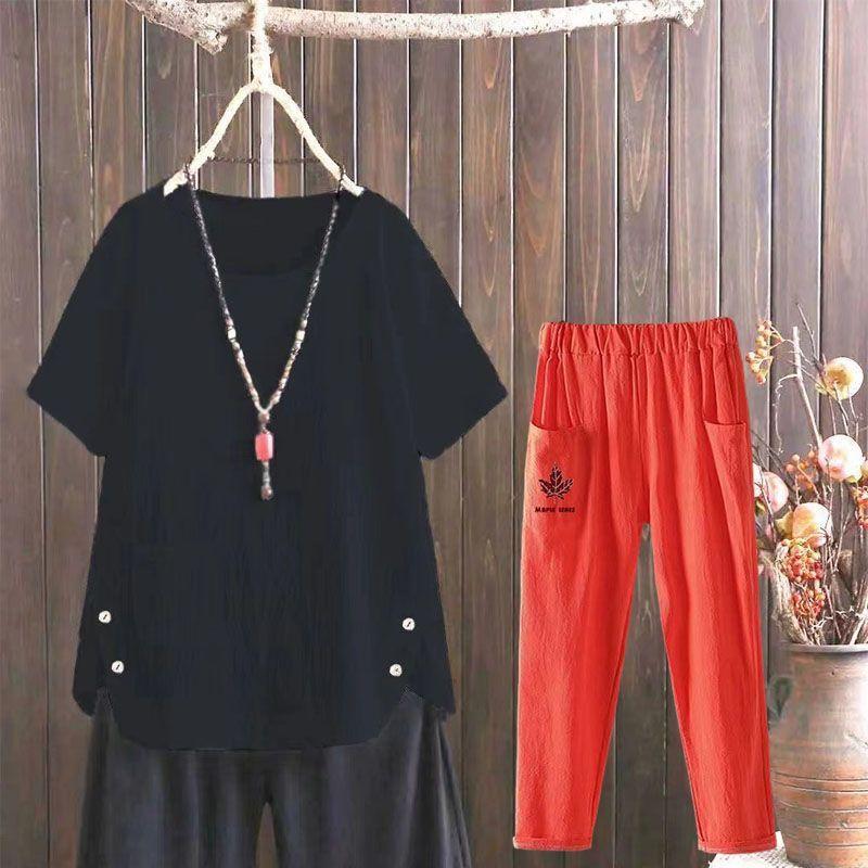 2pcs Cotton Linen Pants Suits Summer Women's Round Neck Cotton Linen Blouse Elastic Waist Cotton Linen Harem Pants Two-Piece Set Casual  Outfits
