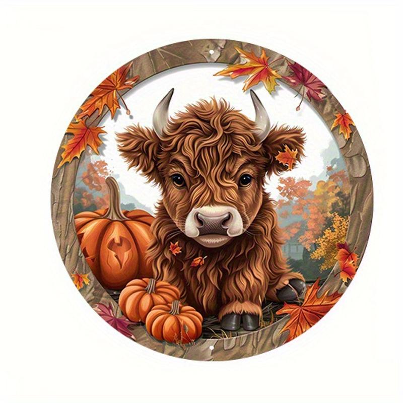 

2d Плоский 20*20см, Украшение дома на День благодарения, День благодарения Хайлендские коровы и тыквы, Деревянный круглый логотип Креативная декоративная доска, для дома 20*20cm