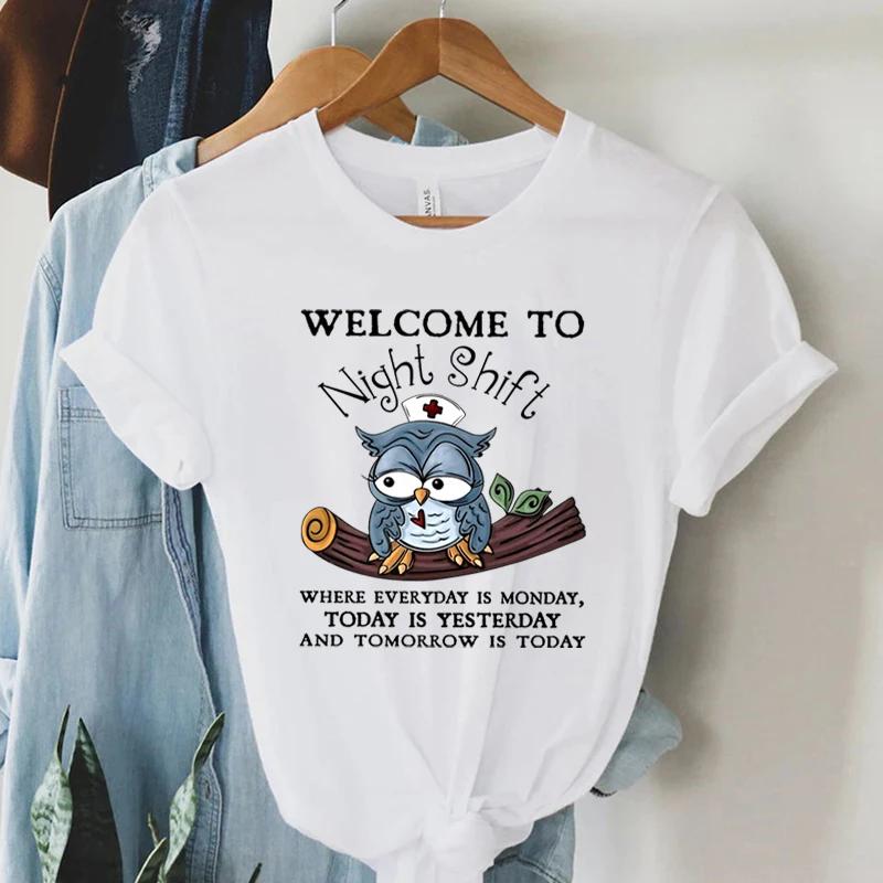 Tshirt Welcome To Night Shift Letter Cute Cartoon Nurse Owl Aesthetic Women Blouses Short Sleeve Summer Oversized Trend Tshirt M