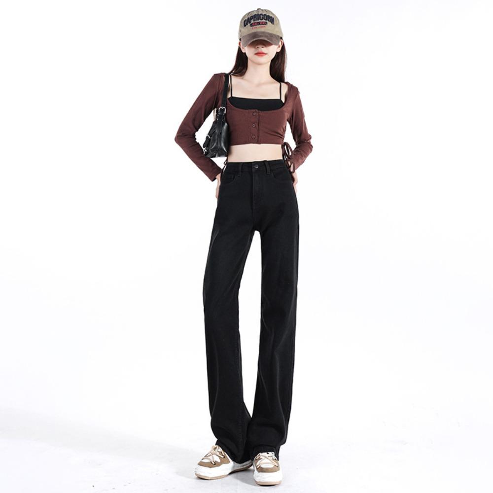 

Versatile casual straight jeans women s 2025 autumn and winter new mopping jeans show thin niche trendy ins 2XL чёрный