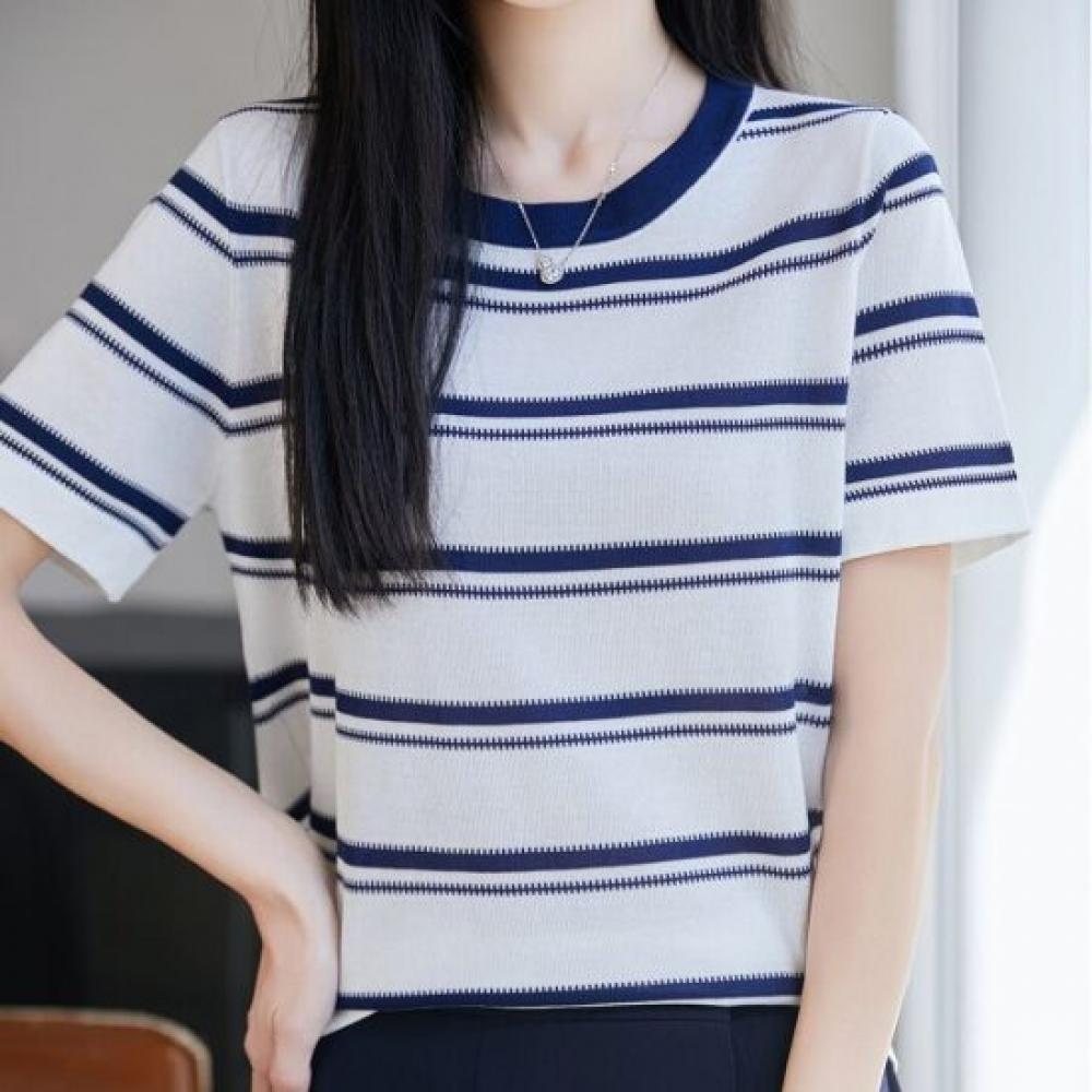Navava Women Daily Fresh STripe Round Neck ShorT Sleeve KniT T shirT Nk3701