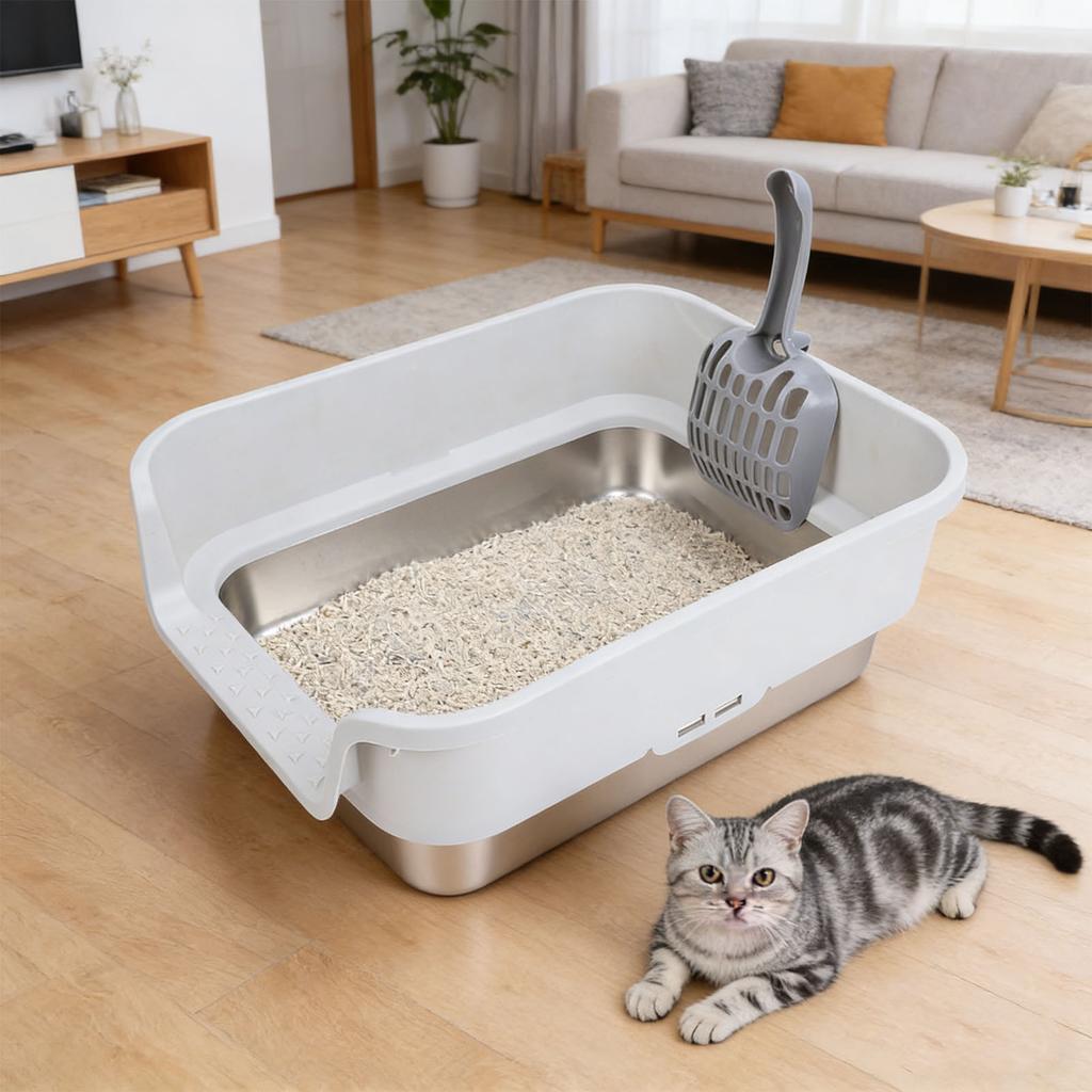 Cat Litter Box Large Size Open Top High Sided Easy Cleaning Stainless Steel Cat Litter Box for Home