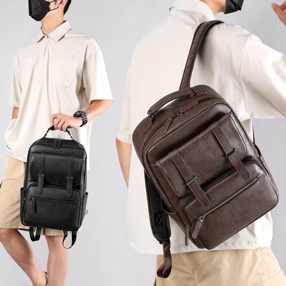 High Quality PU Leather Men's Backpack Solid Color Waterproof Computer Laptop Bag Durable Casual Travel Bag