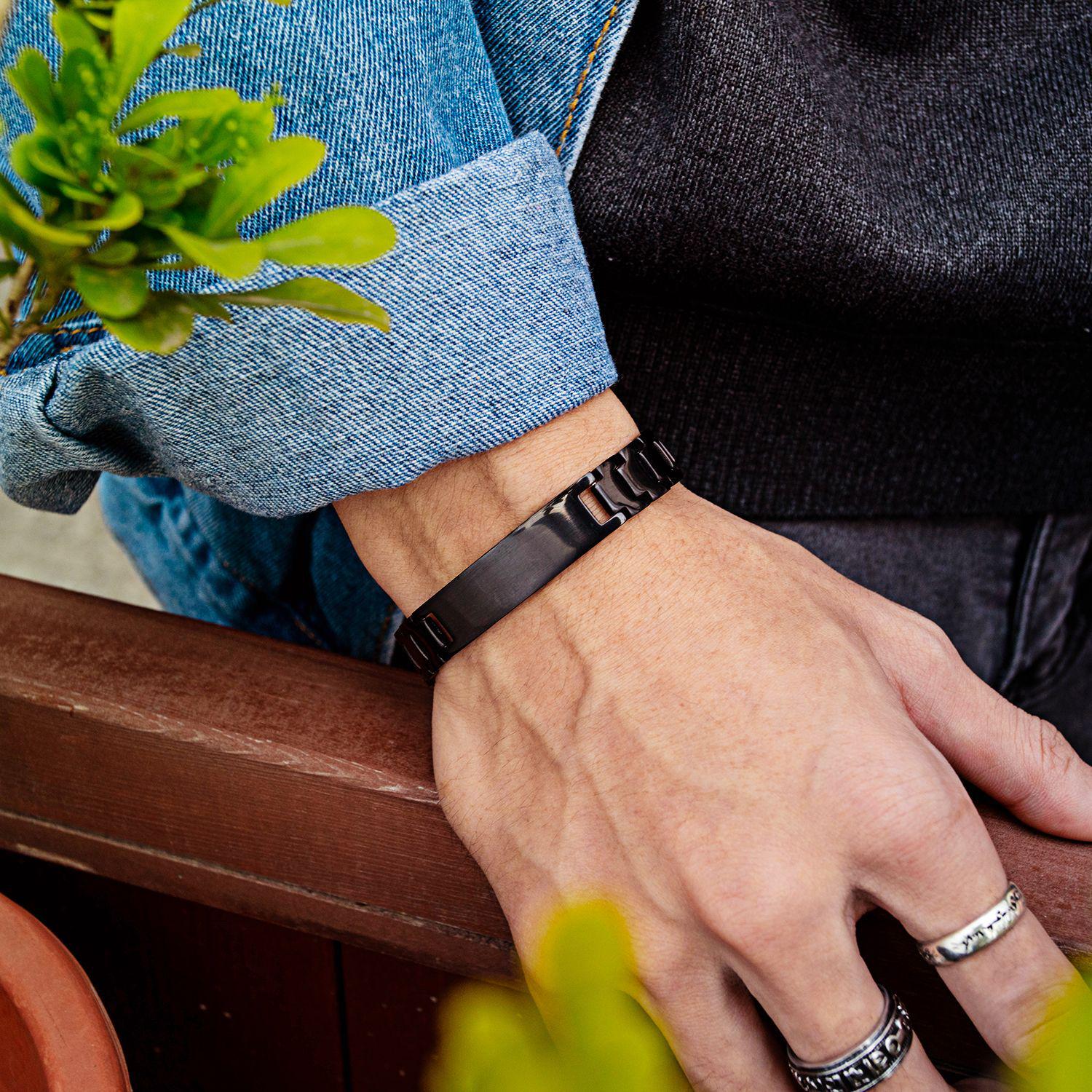 

Japanese & Korean Style Men s Black Stainless Steel Engravable Bracelet