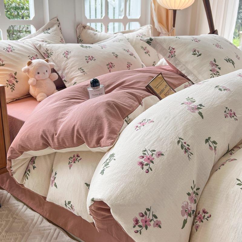 

Class A Maternal And Infant Grade Jacquard Color Zhu Cotton Bed Four-Piece Set, Fresh Naked Sleeping Cotton Bed Sheet Quilt Cover Dormitory 3Pcs Set 1.2 m 3pc quilt 1.5*2m