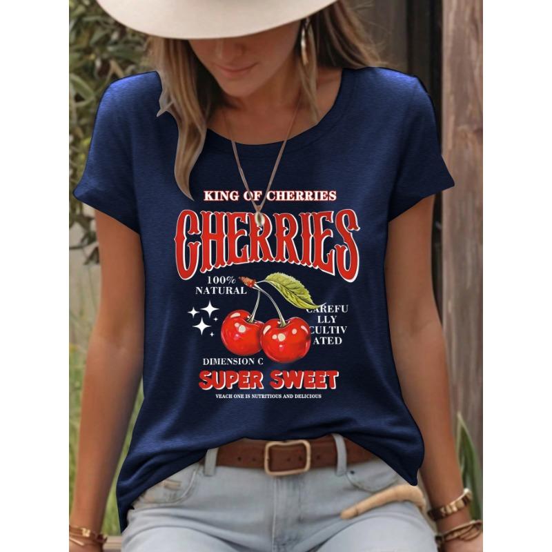 Damen Modisches Kurzarm Kirsch Sommer T-Shirt Top