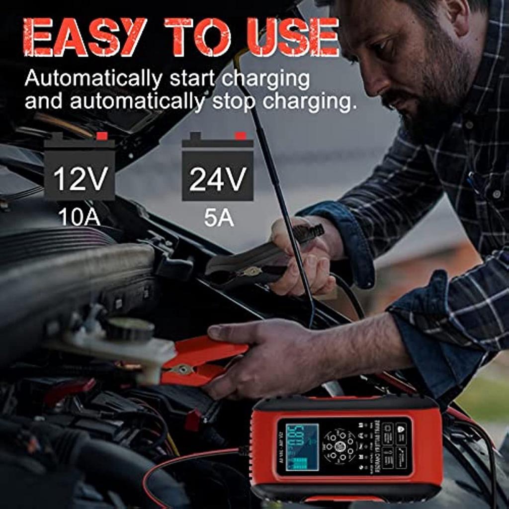 Battery Charger 10A 12V/24V Battery Charger Battery Battery Battery Car Moto Full Automatic Lcd Touch Screen Multiple Protections For Lead Acid Batte