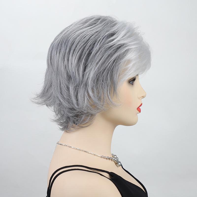 Women Mixed Gray Silver Curly Wigs with Bangs Grandma Synthetic Short Layered Hair Daily Party Cosplay Heat Resistant Fibre Wig