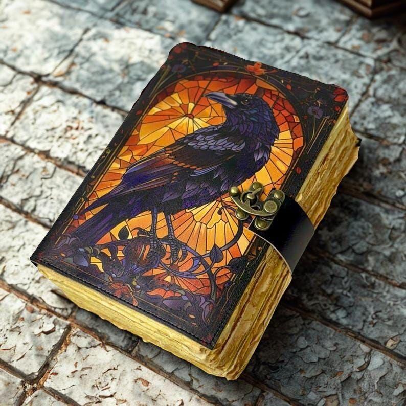 Grimoire Leather Journal, Gothic Notebook Crow Spell Book of Shadows, Vintage Witch Diary Gift for Women, Halloween Gifts
