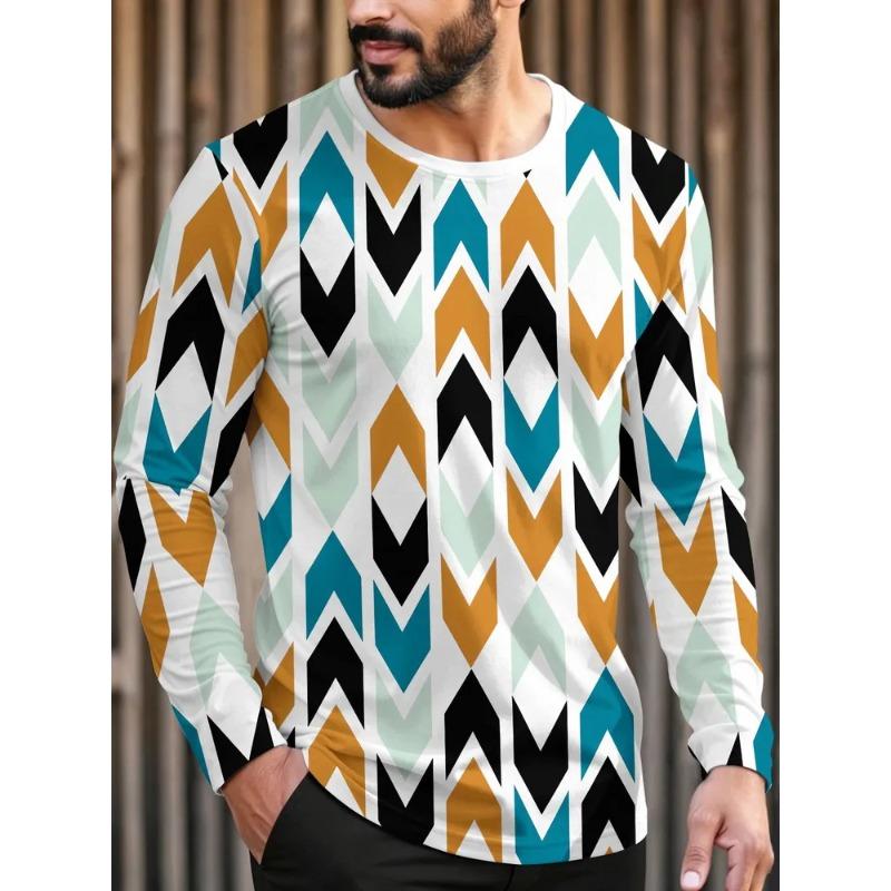 Autumn and Winter Men's Striped Geometric 3D Printed Crew Neck Long Sleeve T-Shirt