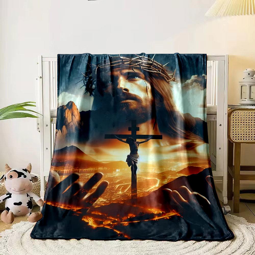 Jesus Cross Calvary Print Blanket  Printed Blanket for Living Room Bed Couch Lunch Break Soft Cozy Blanket for Friend's Festival Gift