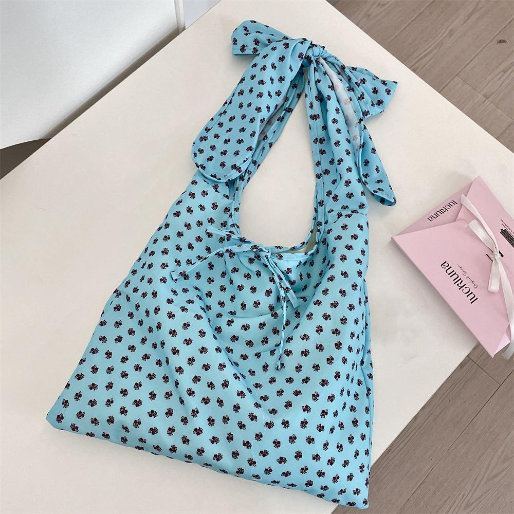 Prined Floral Pattern Canvas Bag Lightweight Handbags Fashion Tie Bow Shoulder Bag  Outdoor
