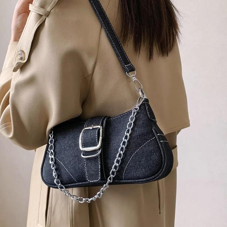 Retro Denim Canvas Bag Bag Women'S Fashion Shoulder Versatile Chain Underarm Baguette Bag