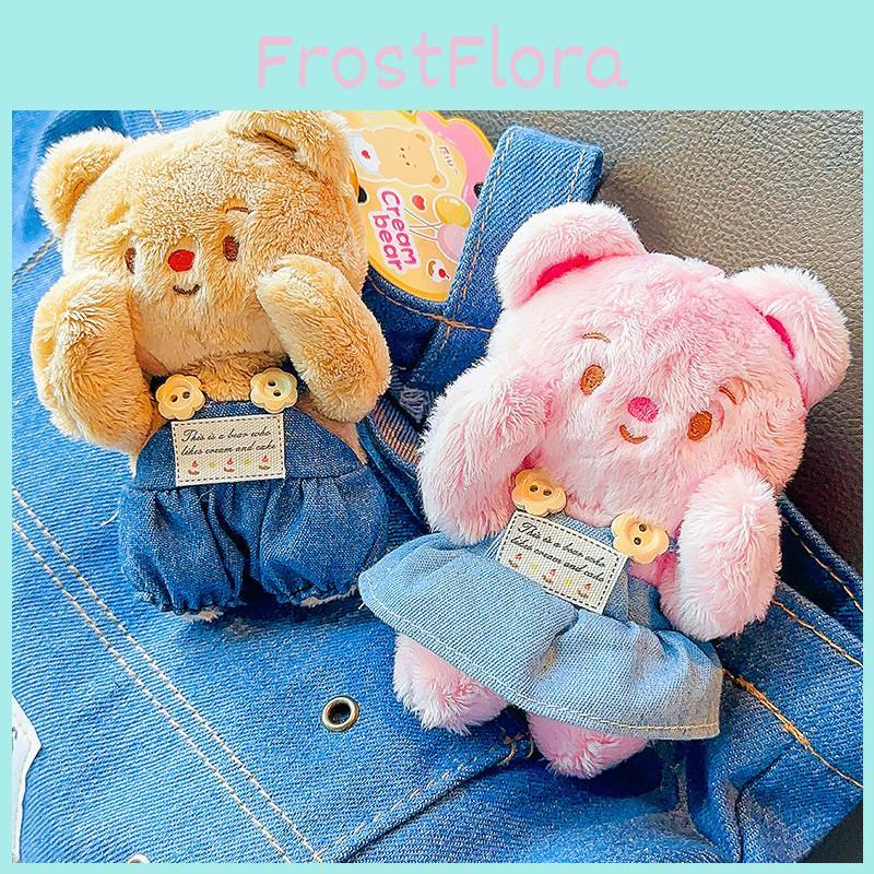 Cute Jinnew Cream Bear Plush Keychain With Denim Overalls For Stylish Keyring
