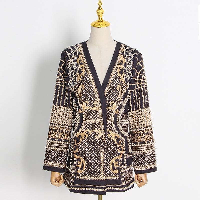 

2025 Summer Women s Vintage V-Neck Beaded Printed Jacket - European & American Style, Light Luxury Long Sleeve Small Suit M жёлтый