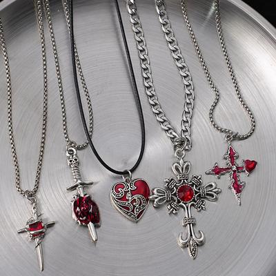 Gothic Red Heart-shaped Cross Heart Necklace, Personalized and Trendy Retro Necklace, Halloween Party Jewelry Gift, Suitable